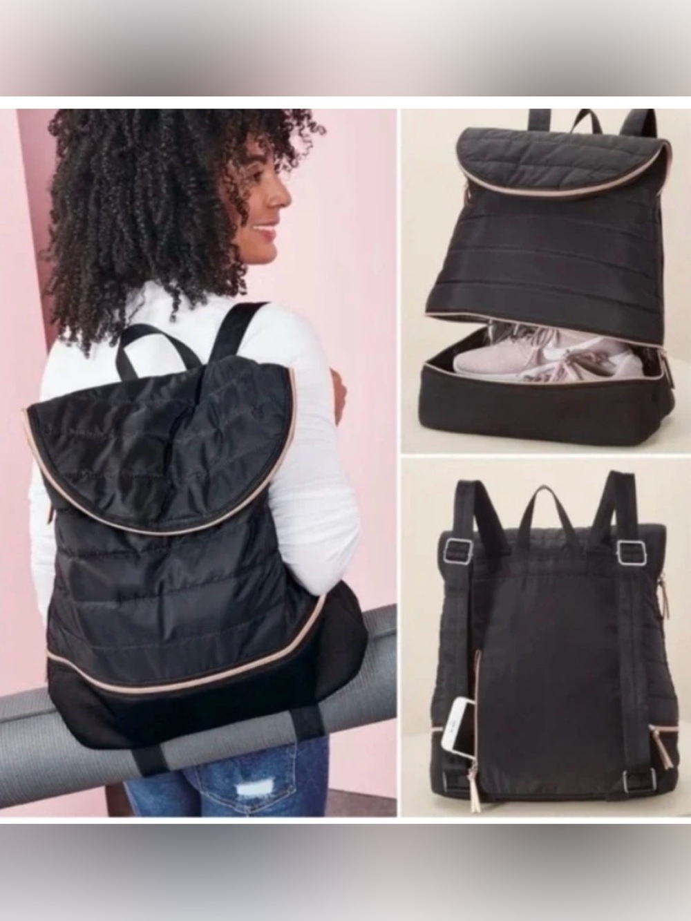 ***Stella & Dot ***Black Quilted Nylon Backpack with Rose-Gold Trim